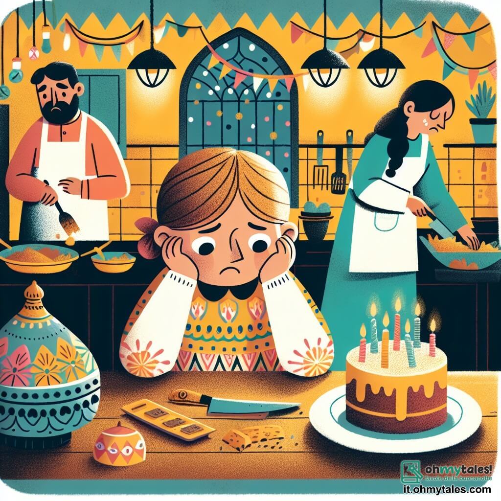Une illustration destinée aux enfants représentant une fillette triste le jour de son anniversaire, ses parents occupés dans une cuisine chaleureuse et colorée, avec une délicieuse odeur de gâteau qui flotte dans l'air.