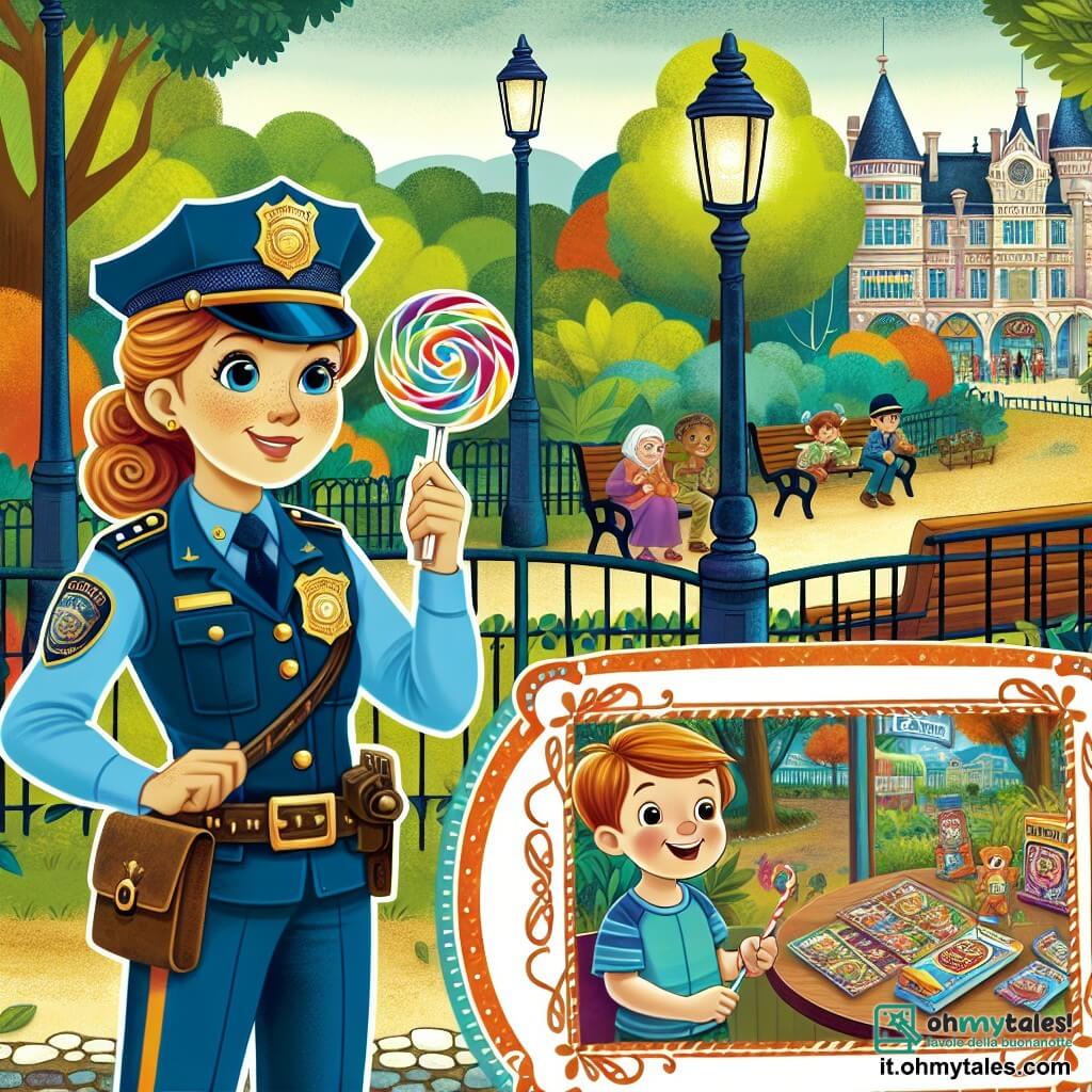 Une illustration destinée aux enfants représentant une courageuse policière, accompagnée d'un petit garçon, résolvant un mystère de vol de bonbons dans le pittoresque parc de la ville de Verdevento, avec ses arbres colorés et ses bancs en bois sculptés.