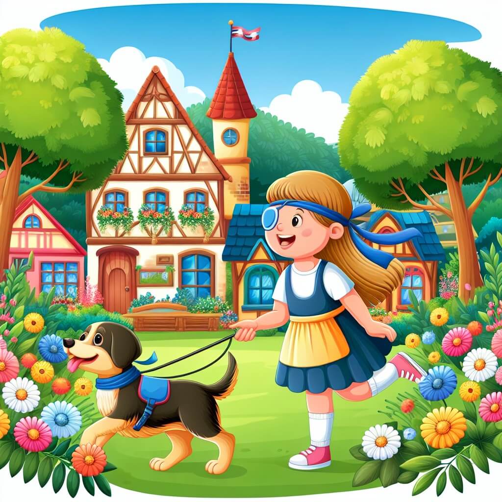 Une illustration destinée aux enfants représentant une jeune fille pleine de vie, affrontant une maladie inconnue avec courage, accompagnée d'un chien guide sympathique, dans une charmante petite ville entourée de fleurs colorées et d'arbres luxuriants.