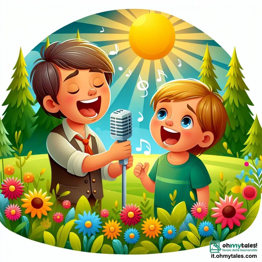 Une illustration destinée aux enfants représentant un chanteur passionné, un jeune garçon, chantant avec enthousiasme aux côtés d'un petit garçon curieux, dans un parc ensoleillé rempli de fleurs colorées et d'arbres verdoyants.