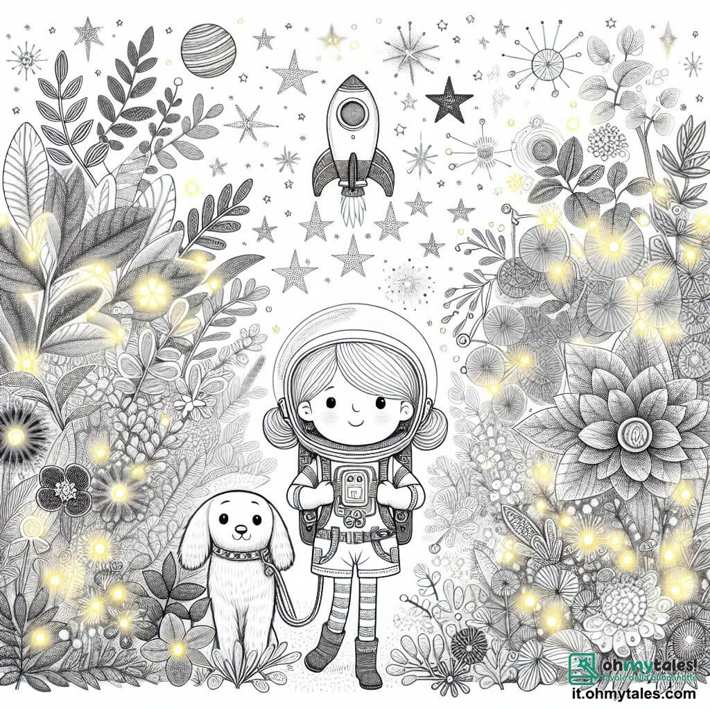 Une illustration destinée aux enfants représentant une jeune fille rêveuse et déterminée, accompagnée de son fidèle chien astronaute, explorant un jardin magique rempli de plantes lumineuses et d'étoiles scintillantes.