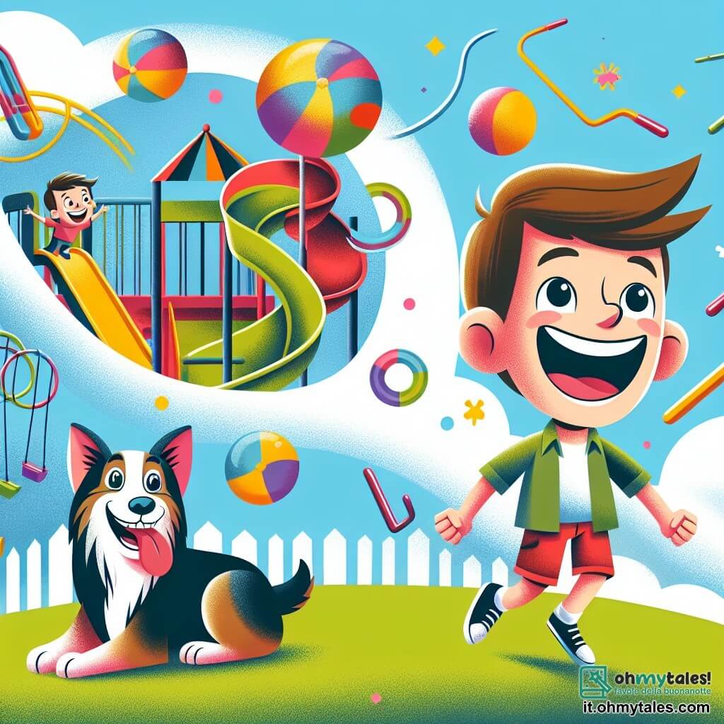 Une illustration destinée aux enfants représentant un garçon espiègle et plein d'énergie, accompagné de son fidèle chien rieur, vivant des aventures loufoques et hilarantes dans un parc rempli de toboggans multicolores et de balançoires qui semblent atteindre les nuages.