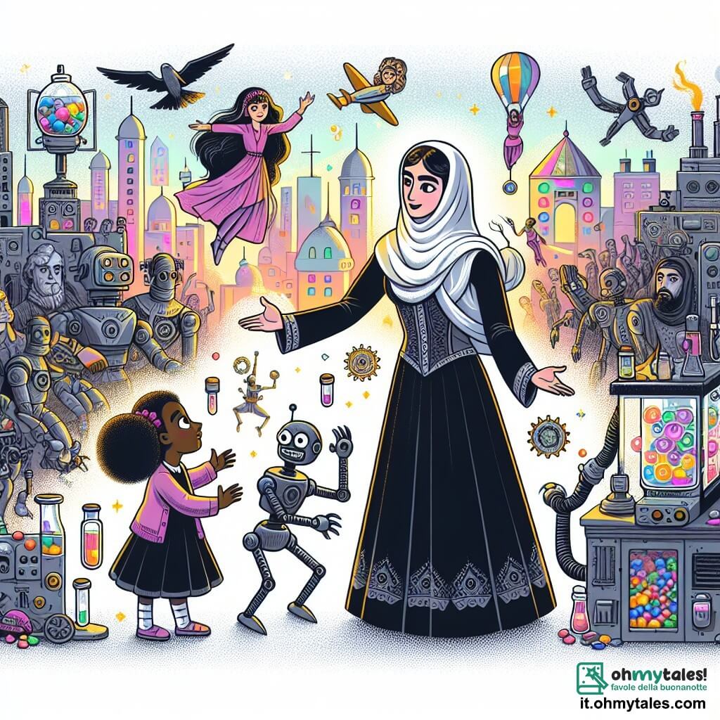 Une illustration destinée aux enfants représentant une femme inventrice passionnée, entourée de ses étranges créations, accueillant une jeune fille curieuse dans son laboratoire rempli de machines volantes, de robots danseurs et d'une ville en bonbons.
