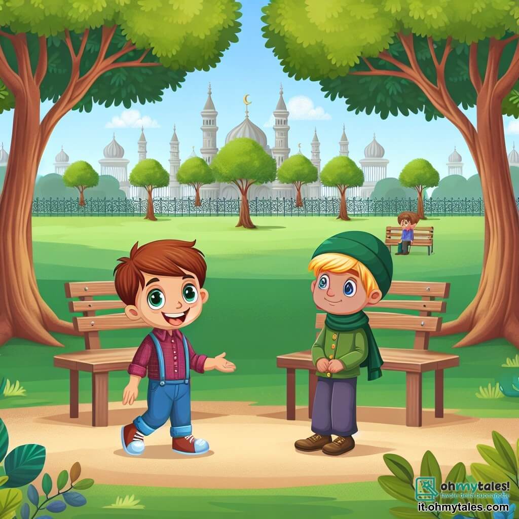 Une illustration destinée aux enfants représentant un garçon joyeux et aventureux, rencontrant un nouvel ami timide et solitaire, dans un parc verdoyant rempli d'arbres majestueux et de bancs accueillants.