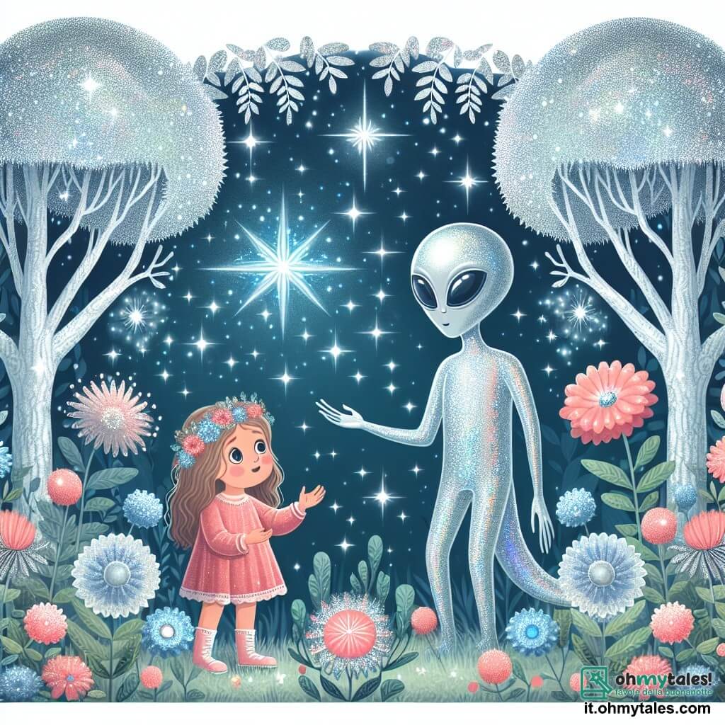 Une illustration destinée aux enfants représentant une fille curieuse qui rencontre un extraterrestre lumineux dans une forêt enchantée, entourée d'arbres ma-giques aux feuilles argentées et de fleurs aux couleurs chatoyantes.