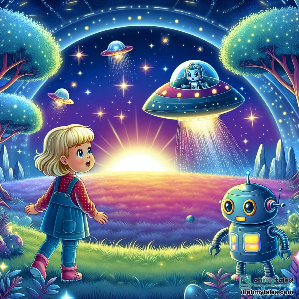 Une illustration destinée aux enfants représentant une petite fille curieuse découvrant une astronef coloré qui atterrit dans un champ illuminé par des étoiles scintillantes, accompagnée d'un robot joyeux à l'apparence futuriste, sur le magnifique et mystérieux planète Xylophos aux arbres lumineux et au ciel changeant de couleurs.