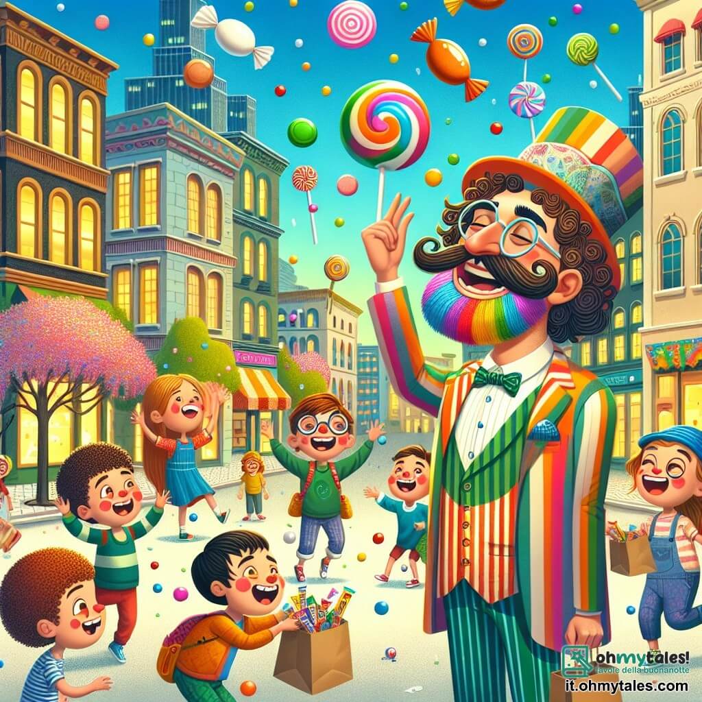 Illustrazione che rappresenta una scena vivace nel cuore di una città colorata, con edifici dalle facciate vivaci, alberi in fiore e bambini che ridono e corrono ovunque. Al centro dell'immagine, un uomo dal look eccentrico con grandi baffi colorati e vestito con un costume multicolore sta giocolando con caramelle che volano nell'aria. La sua espressione è gioiosa e maliziosa, mostrando che si sta divertendo molto. Intorno a lui, diversi bambini di circa 8-10 anni, con capelli ricci e volti sorridenti, stanno raccogliendo caramelle che cadono dal cielo. Alcuni indossano cappelli buffi e altri tengono sacchetti di carta per raccogliere le dolcezze. Un ragazzino con occhiali tondi, indossando una maglietta a righe, ride di gusto cercando di afferrare una lecca-lecca che fluttua proprio sopra la sua testa. La situazione principale mostra una festa gioiosa in cui le caramelle cadono come pioggia, creando un'atmosfera di felicità e amicizia. Dei coriandoli colorati fluttuano nell'aria e palloni a forma di caramelle decorano il paesaggio. L'intera scena emana un'atmosfera festosa e ludica, perfetta per catturare lo spirito comico e eroico della storia.
