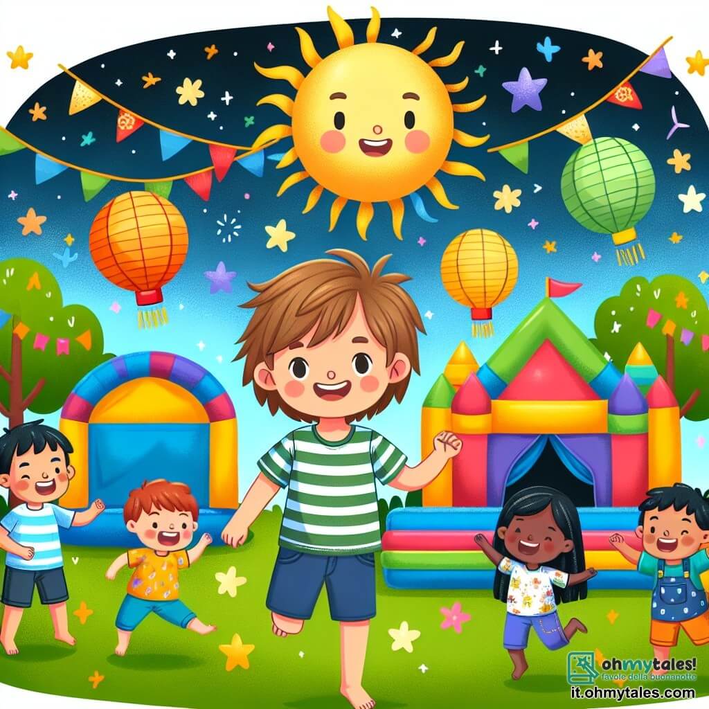 Une illustration destinée aux enfants représentant un garçon aux cheveux ébouriffés, entouré d'amis joyeux, dans un jardin ensoleillé rempli d'un château gonflable coloré et d'une lanterne chinoise illuminant le ciel étoilé.