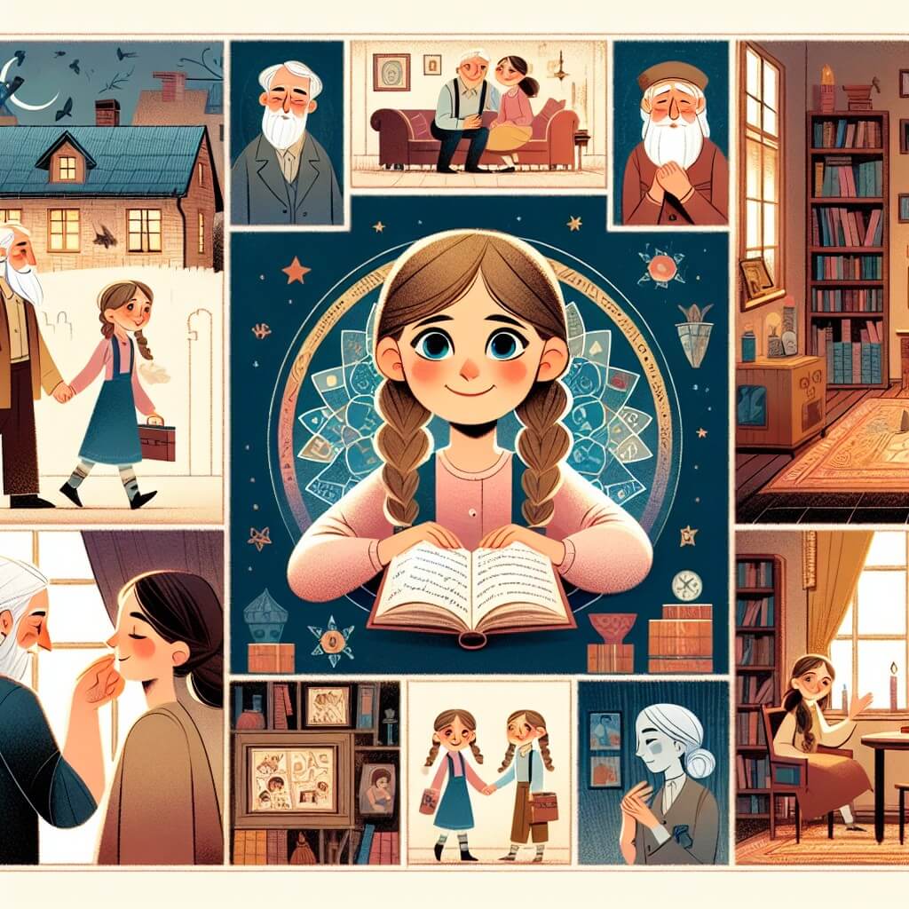 Une illustration destinée aux enfants représentant une jeune fille curieuse et pleine de vie, confrontée aux conflits de ses parents, avec pour personnage secondaire un vieux diario mystérieux, dans une petite maison avec une librairie remplie de livres colorés et une atmosphère chaleureuse.