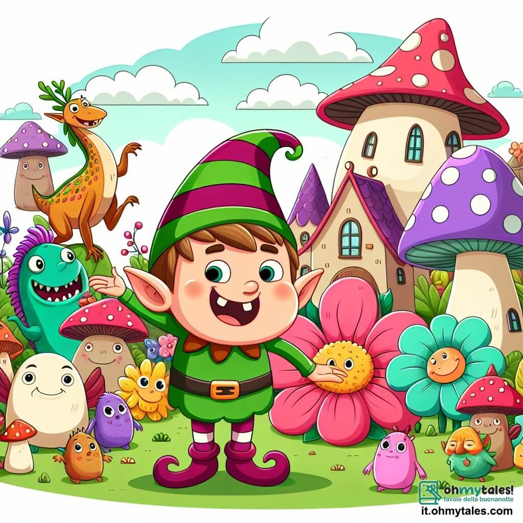 Une illustration destinée aux enfants représentant un lutin espiègle, entouré de créatures rigolotes, dans un village enchanteur rempli de maisons champignons colorées et de fleurs géantes.