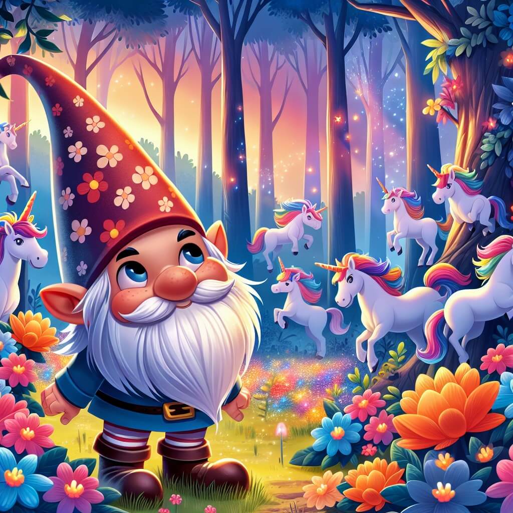 Une illustration destinée aux enfants représentant un lutin malicieux se retrouvant dans une forêt enchantée peuplée de licornes, entouré de fleurs lumineuses et d'arbres majestueux.