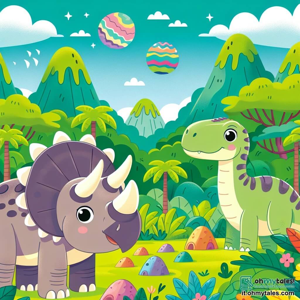 Une illustration destinée aux enfants représentant un tricératops curieux et attentionné, une situation de mystère à résoudre, un brontosaure jovial et bienveillant, dans la vallée luxuriante et colorée des dinosaures.