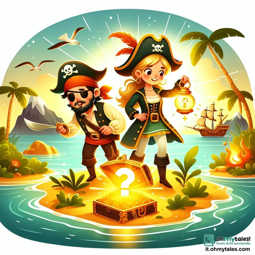 Une illustration destinée aux enfants représentant une femme pirate intrépide, accompagnée de son fidèle marin et de sa courageuse cuoca, découvrant une île mystérieuse entourée d'une lueur dorée, prêts à résoudre un énigme pour trouver un trésor scintillant.