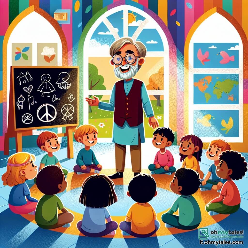 Une illustration sous forme de dessin destinée aux enfants représentant un centre communautaire chaleureux, avec des murs colorés et des fenêtres grandes ouvertes laissant entrer la lumière du soleil, où un homme âgé aux cheveux brizzolés et aux lunettes rondes, souriant et bienveillant, explique l'importance de la paix à un groupe de garçons et de filles aux visages curieux, assis en cercle sur le sol, tandis qu'un tableau en arrière-plan montre des dessins d'enfants illustrant des scènes de coopération et d'amitié, symbolisant l'idée que chaque petit geste compte pour construire un monde meilleur.
