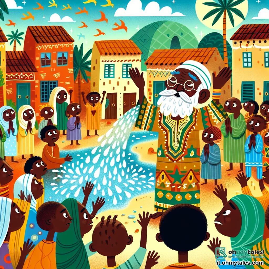 Une illustration sous forme de dessin destinée aux enfants représentant un village africain coloré, avec des maisons en terre cuite et des palmiers verdoyants sous un ciel bleu éclatant, où un homme sage au visage ridé et au sourire bienveillant, vêtu d'une tunique traditionnelle aux motifs vibrants, se tient au centre, levant les bras pour apaiser une foule d'hommes et de femmes de diverses tailles et âges, tous avec des expressions préoccupées, alors qu'ils se disputent autour d'un ruisseau scintillant, symbolisant la lutte pour l'eau, tandis que des oiseaux colorés volent dans le ciel, ajoutant une touche de vie et de magie à la scène.