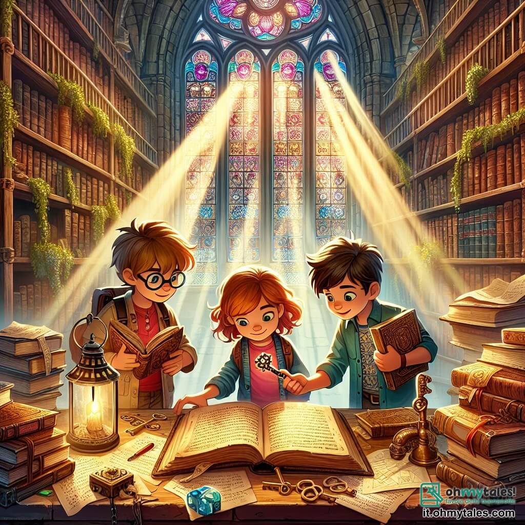 Illustrazione che rappresenta una scena animata in una biblioteca antica, con grandi scaffali di legno pieni di libri polverosi e raggi di luce che filtrano attraverso finestre ornate di vetrate colorate. Al centro, tre giovani investigatori: un ragazzo di dieci anni, con capelli castani arruffati e occhiali, che scruta attentamente un libro antico aperto su un tavolo di legno. Accanto a lui, una ragazza di dieci anni, con capelli rossi e ricci, che tiene in mano una chiave di bronzo scintillante, il suo viso illuminato dall'eccitazione. Un altro ragazzo, anch'esso di dieci anni, con capelli castani e una maglietta a fantasia, osserva la scena con un sorriso malizioso, pronto a risolvere il mistero. La scena principale mostra i bambini che scoprono un antico libro misterioso, circondati da un'atmosfera di avventura e curiosità, con fogli sparsi e una mappa antica visibile sul tavolo, aggiungendo un tocco di mistero all'illustrazione.