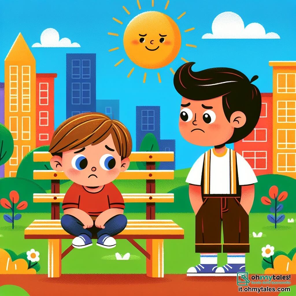 Une illustration destinée aux enfants représentant un petit garçon aux cheveux bruns assis sur un banc de l'école, triste et seul, tandis qu'un grand garçon aux yeux déterminés s'approche pour lui parler, dans la cour de récréation colorée et ensoleillée de l'école primaire de Bellavista.