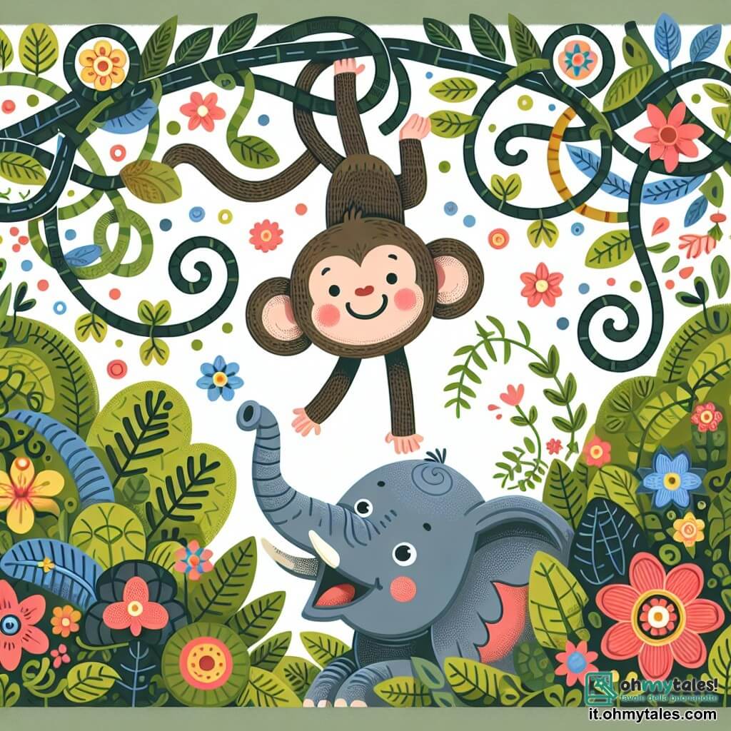 Une illustration destinée aux enfants représentant un singe malicieux faisant des acrobaties avec un éléphant joyeux dans une jungle luxuriante pleine de lianes entrelacées et de fleurs multicolores.