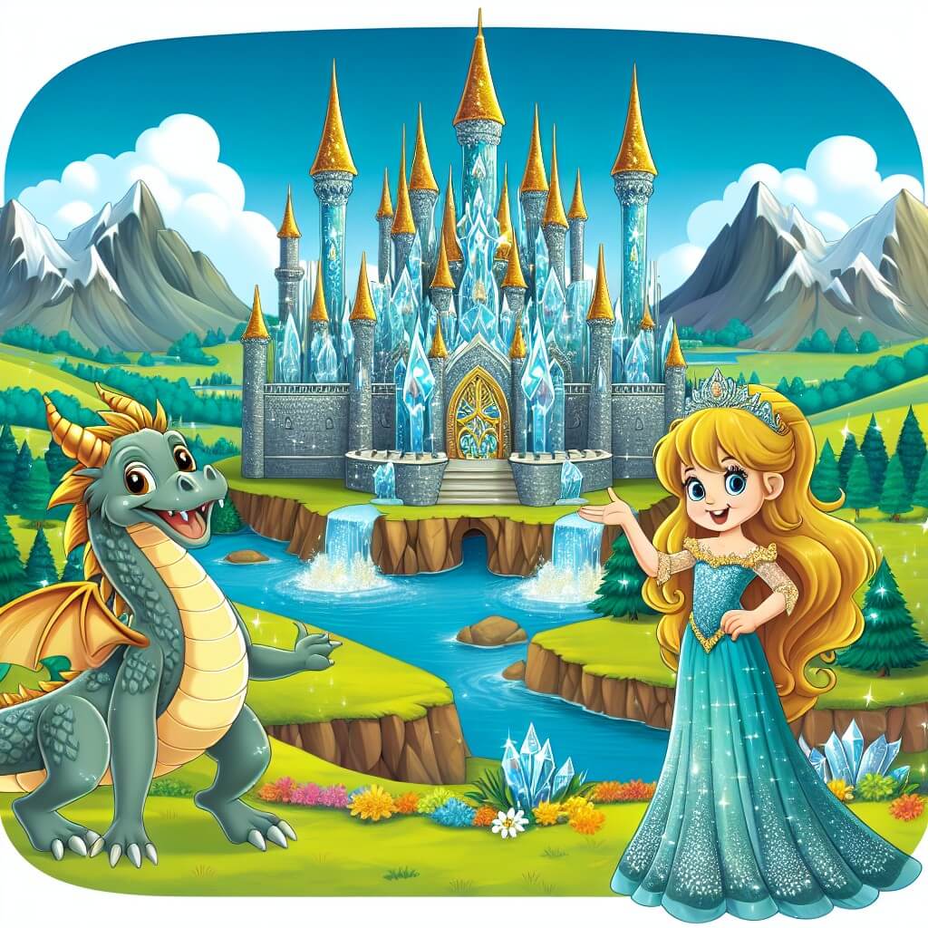 Une illustration destinée aux enfants représentant une femme aux longs cheveux d'or, vêtue d'une robe scintillante, se tenant devant un majestueux château en cristal, accompagnée d'un dragon amical, dans un paysage féerique de collines verdoyantes et de cascades étincelantes.