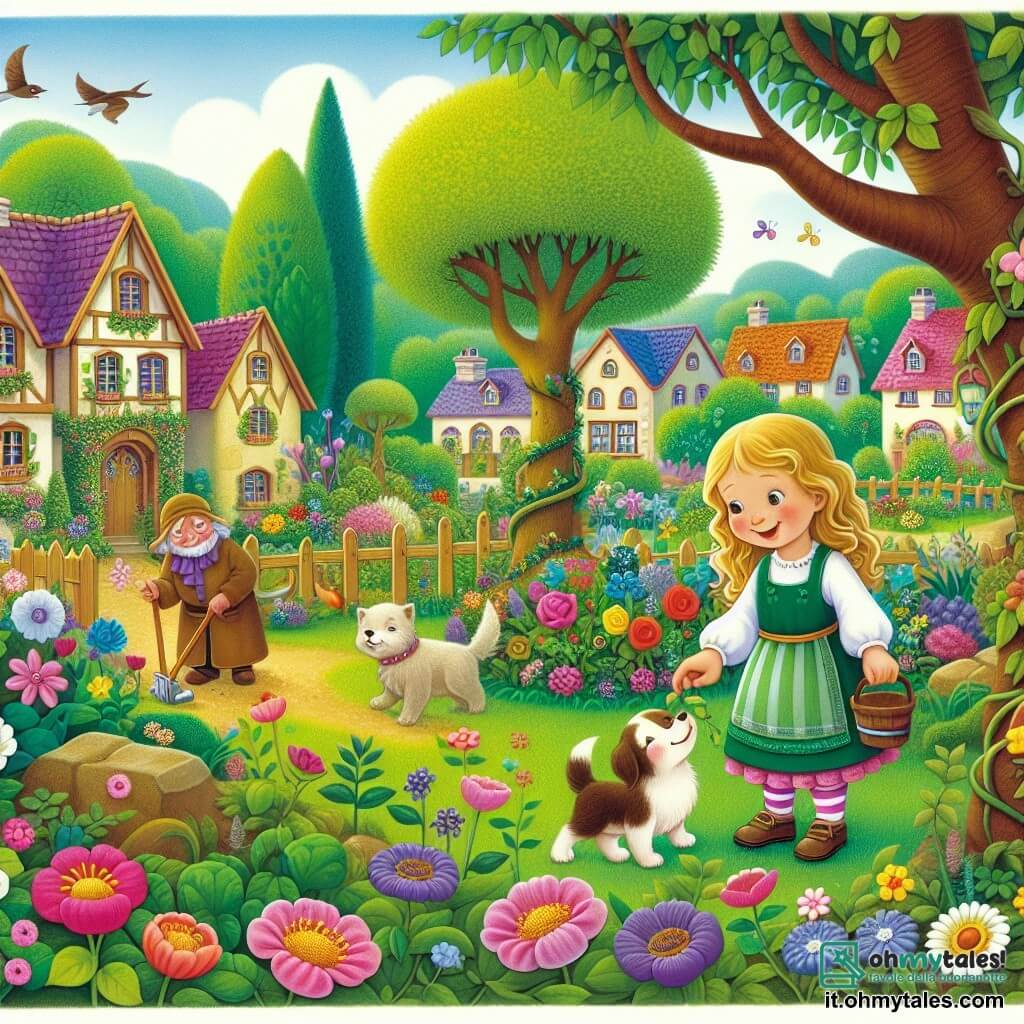 Une illustration destinée aux enfants représentant une petite fille curieuse et affable s'occupant de son jardin magique avec l'aide d'un gentil voisin âgé, dans un quartier paisible bordé de fiori colorati, d'alberi verdi e di animali felici.