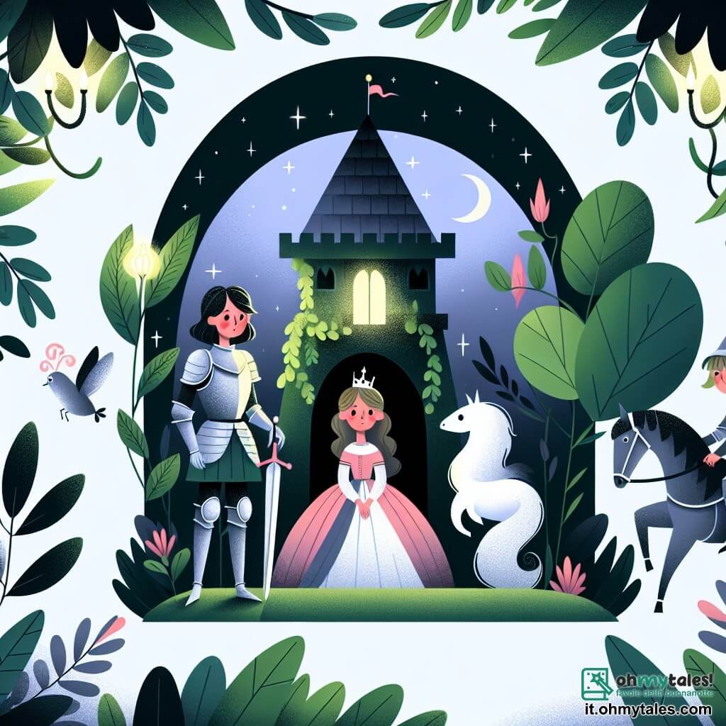 Une illustration destinée aux enfants représentant une chevalière intrépide, une princesse prisonnière, et une tour sombre et mystérieuse au cœur d'un royaume médiéval enchanté.