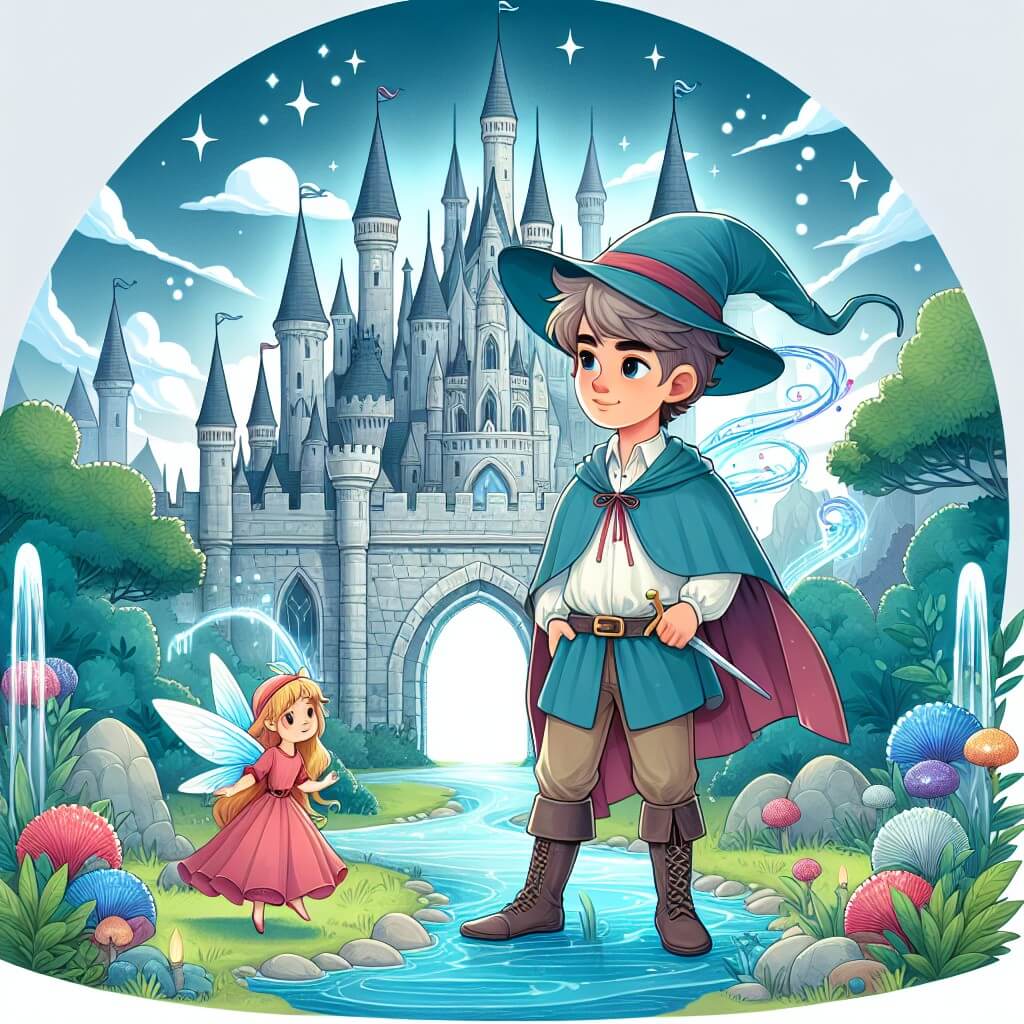 Une illustration destinée aux enfants représentant un jeune apprenti sorcier, plongé dans une aventure magique aux côtés d'une petite fée, dans un vaste château de pierre entouré de jardins enchantés et de fontaines colorées.