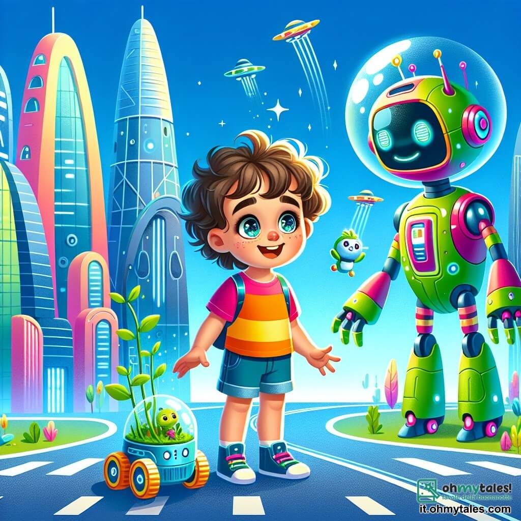 Une illustration sous forme de dessin destinée aux enfants représentant une ville futuriste lumineuse avec des grattacieli scintillants et des routes flottantes, où un garçon de 5 ans aux cheveux bouclés et aux yeux pétillants, vêtu d'un t-shirt coloré et d'un short, s'émerveille en montant sur un petit robot amical, tandis qu'un robot de forme humanoïde, aux couleurs vives et aux bras articulés, lui montre des plantes vertes poussant sur les murs des bâtiments, illustrant la découverte d'un monde magique où la technologie et la nature coexistent en harmonie.