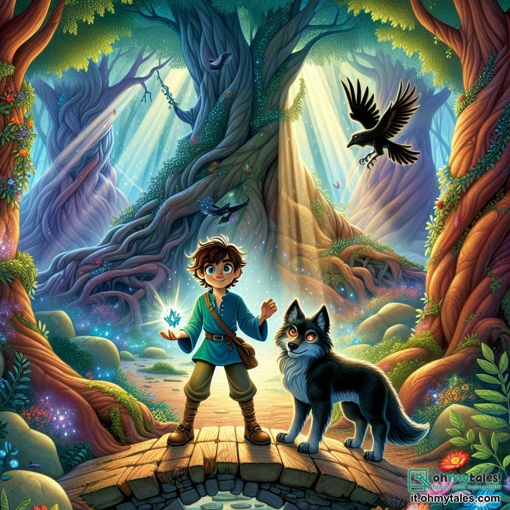 Illustrazione che rappresenta una scena magica nella Foresta Incantata, dove alberi giganteschi con tronchi nodosi si ergono verso il cielo, le cui foglie scintillano di mille colori sotto i raggi del sole. Al centro della scena, un ragazzo di 11 anni, con capelli castani arruffati, occhi brillanti di curiosità e un sorriso determinato, è in piedi su un antico ponte di legno, pronto ad affrontare un lupo nero dagli occhi rossi che si erge davanti a lui. Il ragazzo indossa una tunica blu e pantaloni di tela, e tiene un piccolo cristallo luminoso nella mano, simbolo del suo coraggio. Accanto a lui, un corvo dalle piume lucenti e un piccolo drago verde con squame scintillanti volano intorno a lui, portando un tocco di magia alla scena. Sullo sfondo, ombre danzano tra gli alberi, creando un'atmosfera misteriosa e incantevole, mentre fiori colorati sbocciano sul terreno, aggiungendo vita a quest'avventura.