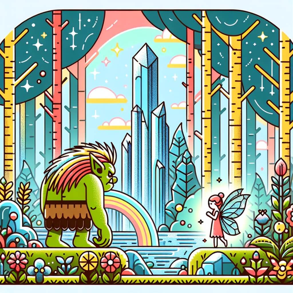 Une illustration destinée aux enfants représentant un ogre solitaire, perdu dans une forêt enchantée, rencontrant une fée étincelante près d'une chute d'eau cristalline, dans un monde où les arbres sont aussi grands que des gratte-ciel et les fleurs aussi colorées que des arcs-en-ciel.