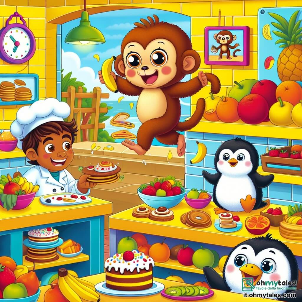 Illustrazione che rappresenta una cucina colorata e vivace in uno zoo, con muri dipinti di giallo brillante e scaffali pieni di frutta e verdura. Al centro, una piccola scimmia dal pelo marrone e morbido, con grandi occhi scintillanti e un sorriso malizioso, salta gioiosamente su un bancone, tenendo una banana in una mano e ridendo con entusiasmo. Nelle vicinanze, un pinguino carino, con un ventre bianco e un dorso nero, osserva con curiosità, le sue piccole ali aperte, pronto a unirsi alla festa. La scena principale mostra la scimmia e il pinguino mentre si godono un banchetto di snack, circondati da piatti colorati, dolci e frutta, mentre un custode divertito, un uomo di circa trent'anni con un berretto e una divisa, li guarda sorridendo, sorpreso dalla loro audacia. Risate e schizzi di cibo fluttuano nell'aria, creando un'atmosfera gioiosa e ludica.