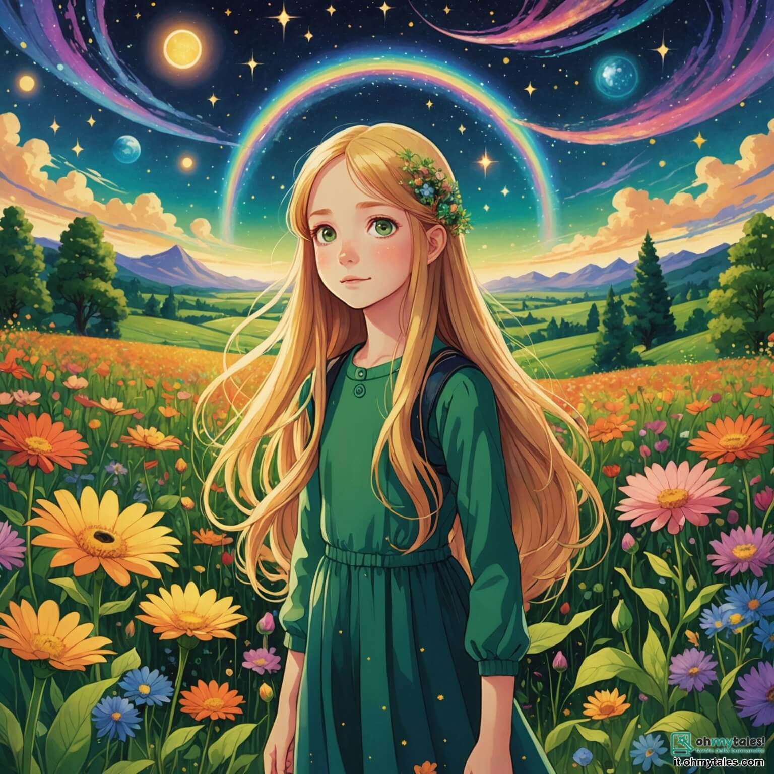 Une illustration destinée aux enfants représentant une fille aux longs cheveux dorés, les yeux pétillants de curiosité, qui se tient devant un immense champ de fleurs multicolores scintillant sous un ciel étoilé, tandis qu'un extraterrestre aux teintes vertes et aux grands yeux ronds, flottant avec grâce, l'observe avec fascination, dans un monde magique où les arbres ont des troncs en spirale et les rivières brillent comme des arcs-en-ciel.