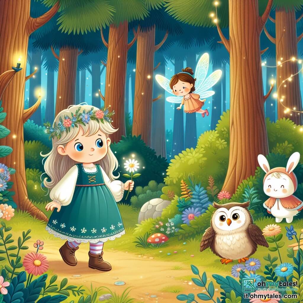 Une illustration destinée aux enfants représentant une petite fille curieuse se promenant dans un bosco incantato, accompagnée d'une fée lumineuse, d'un sage hibou et d'un joyeux lapin blanc, parmi les arbres alti e i fiori colorati.