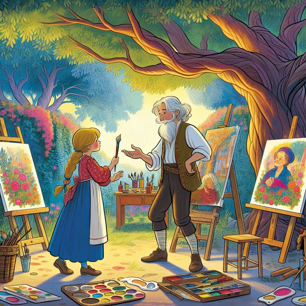 Une illustration destinée aux enfants représentant une artiste féminine, passionnée par la peinture, qui fait la rencontre d'un vieux pittore dans un atelier rempli de couleurs éclatantes et de toiles suspendues, à l'ombre d'un majestueux arbre au cœur d'un jardin enchanté.