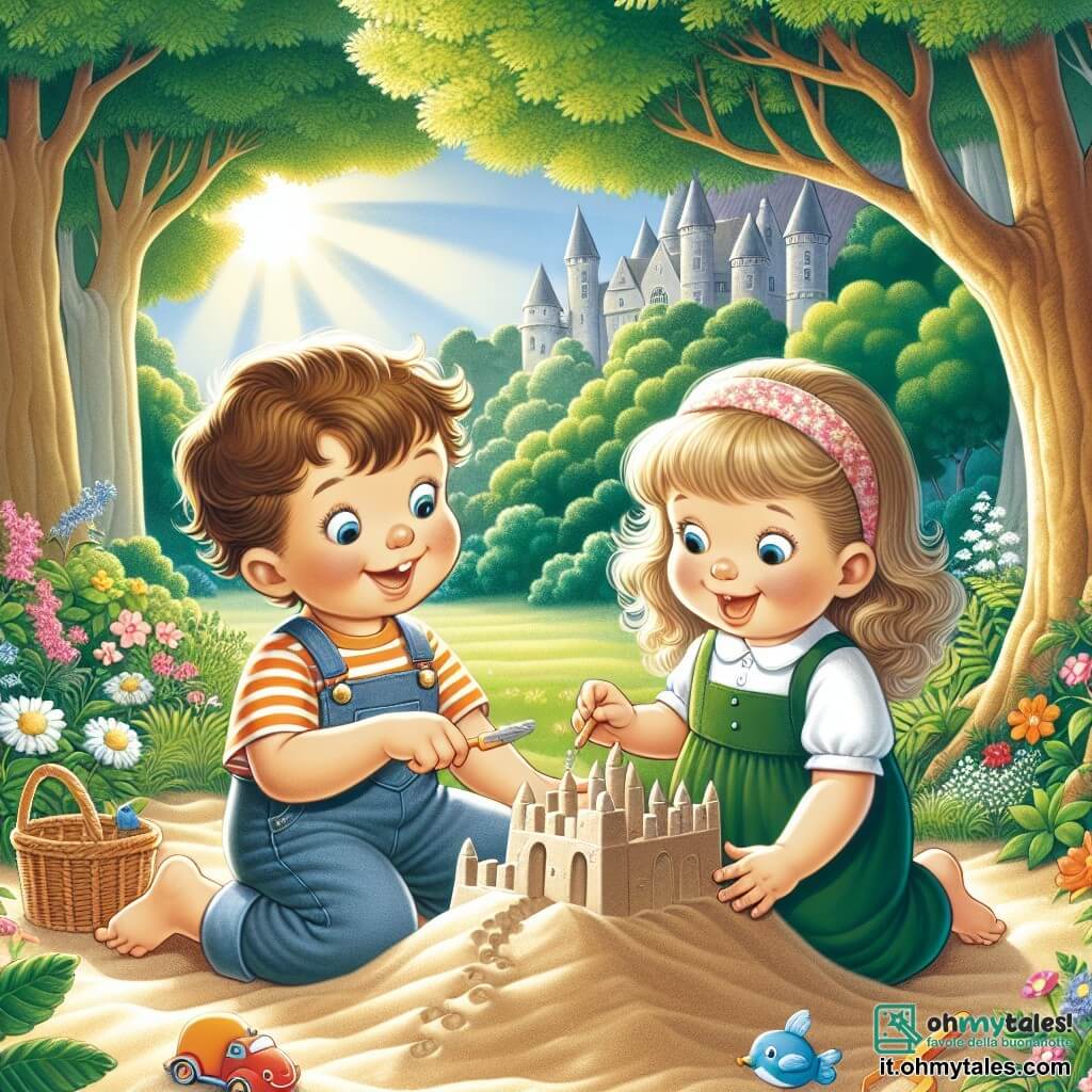 Une illustration destinée aux enfants représentant un petit garçon joyeux et curieux qui aide une petite fille à construire un château de sable dans un parc verdoyant et ensoleillé.