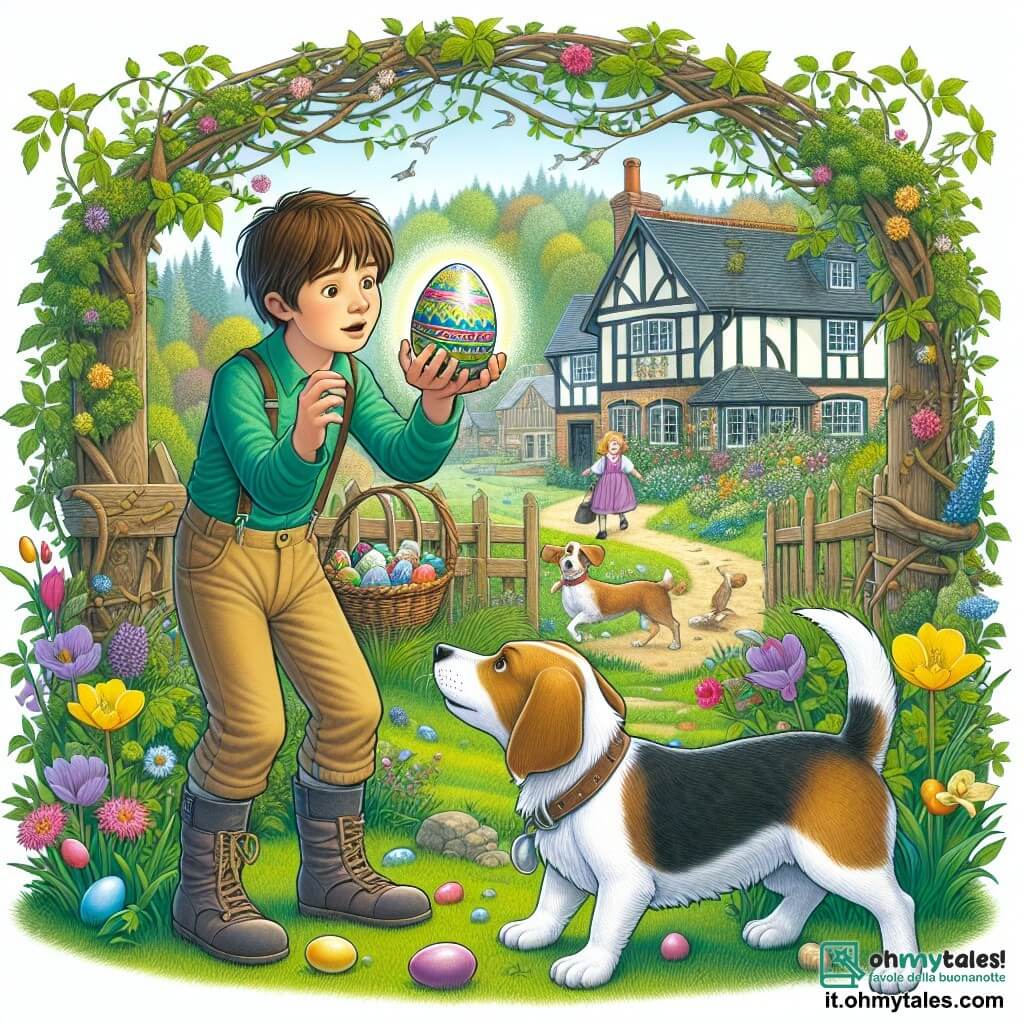 Une illustration destinée aux enfants représentant un garçon curieux découvrant un œuf de Pâques magique, accompagné de son fidèle chien Birillo, dans un petit village entouré de prati verdi e fiori colorati.