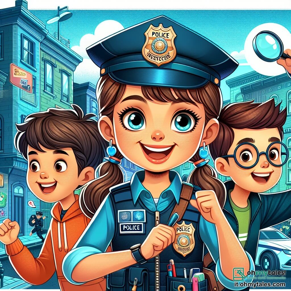 Une illustration destinée aux enfants représentant un jeune policier souriant, accompagné de deux enfants, une fille aux boucles brunes et un garçon aux lunettes rondes, dans un quartier coloré et animé, prêts à résoudre des mystères passionnants.