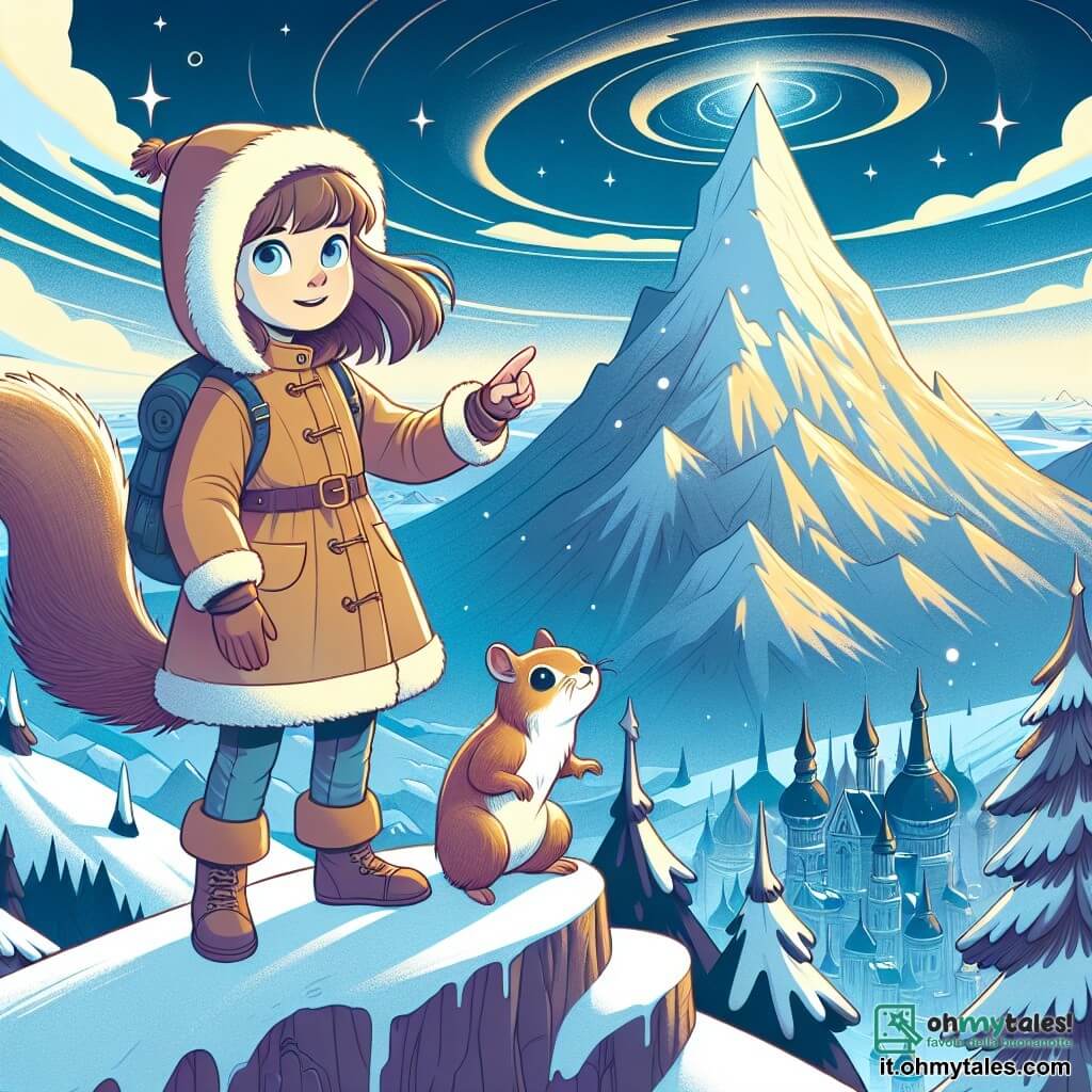 Une illustration destinée aux enfants représentant une jeune fille, perdue dans un monde ancien, accompagnée d'un adorable scoiattolo, sur le sommet enneigé d'une montagne magique.