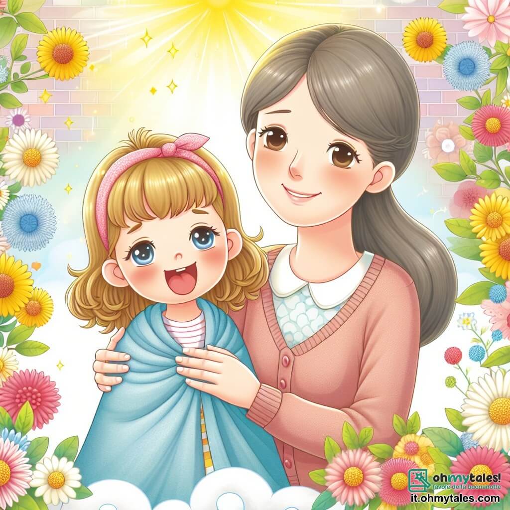 **Une illustration destinée aux enfants représentant** une petite fille joyeuse, un peu malade, accompagnée de sa maman attentionnée, dans un jardin en fleurs baigné de lumière douce et de couleurs vives.