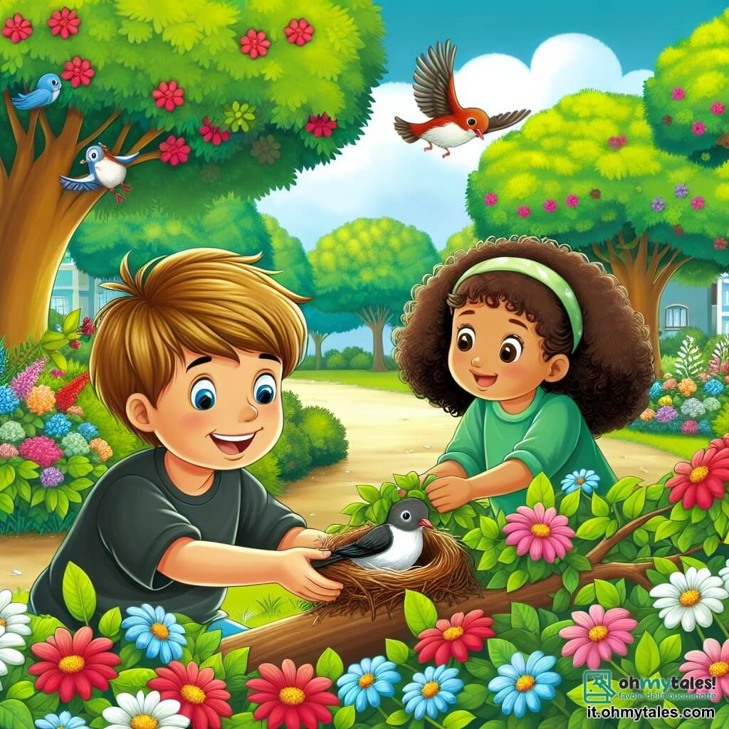 Une illustration destinée aux enfants représentant un garçon au sourire lumineux, découvrant un nid d'oiseaux tombé à terre avec l'aide d'une fille aux cheveux bouclés, dans un parc verdoyant orné de fleurs colorées et d'arbres majestueux en fleurs.