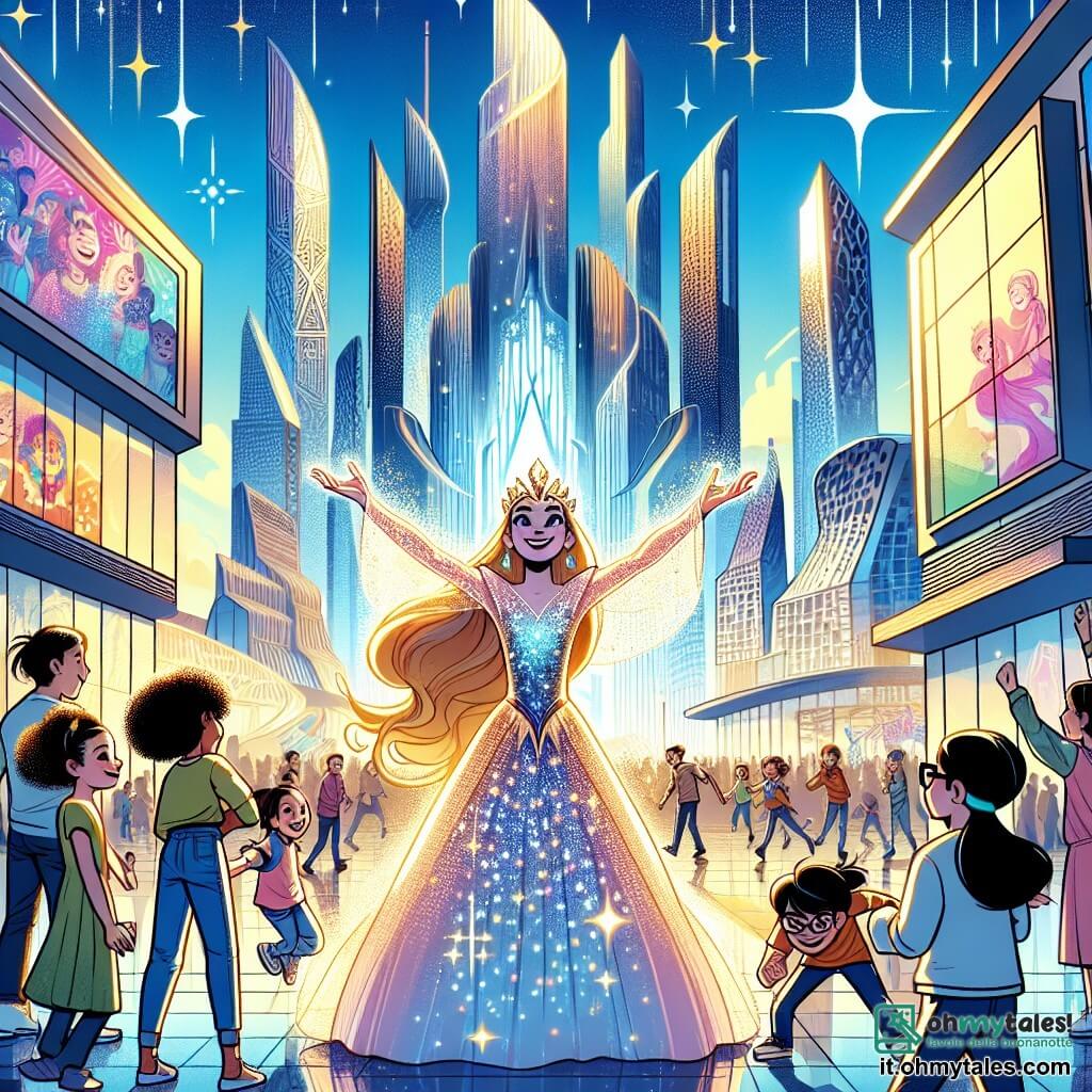 Illustrazione che rappresenta una grande piazza animata in un regno futuristico, dove edifici scintillanti dalle forme organiche si ergono verso un cielo blu punteggiato di nuvole colorate. Al centro della scena, una giovane donna dai lunghi capelli dorati, vestita con un abito luminoso decorato con motivi stellati, si trova con un sorriso caloroso, alzando le braccia per incoraggiare la folla. Incarnando la Bella Addormentata, è sveglia e piena di vita, irradiante di fiducia e determinazione. Intorno a lei, un gruppo di giovani adulti, tra cui una ragazza di circa 20 anni con capelli ricci e un abito colorato, e un ragazzo di circa 18 anni con occhiali e una maglietta grafica, ascoltano attentamente e scambiano idee, animati dall'entusiasmo e dalla speranza, condividendo il sogno di un mondo migliore. La scena principale mostra la giovane donna che ispira la folla con parole di gentilezza e uguaglianza, mentre bandierine colorate sventolano sopra di loro, portando messaggi di pace e unità. Bambini giocano gioiosamente sullo sfondo, aggiungendo un tocco di magia all'atmosfera. Luci scintillanti illuminano la scena, creando un'atmosfera festosa e accogliente, simboleggiando il cambiamento e l'armonia in questo nuovo mondo.