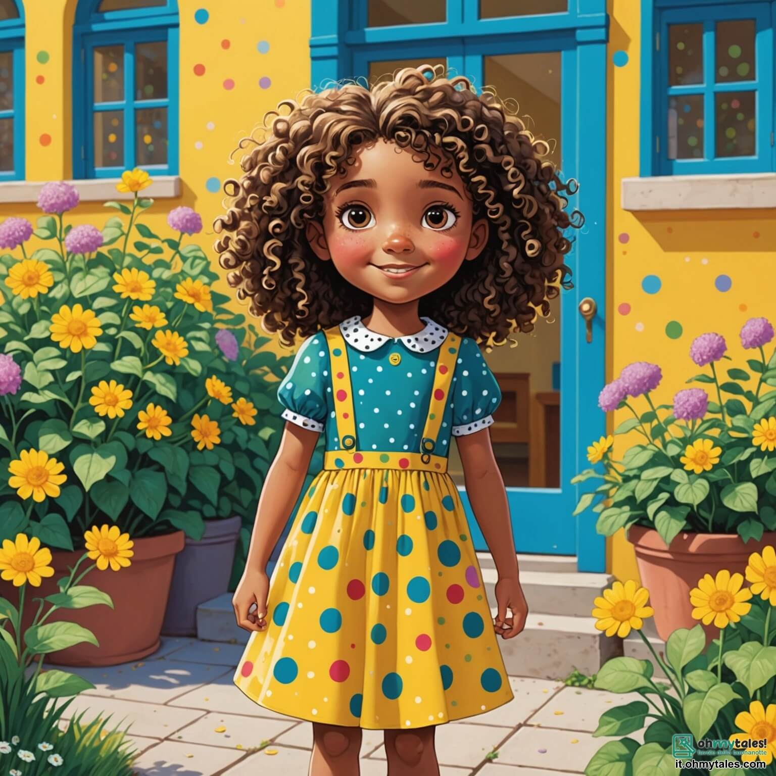 Une illustration destinée aux enfants représentant une petite fille aux cheveux bouclés et aux yeux pétillants, portant une jolie robe à pois, qui se tient devant une école colorée avec des murs jaunes et des fenêtres bleues, entourée de fleurs multicolores et d'arbres verdoyants, alors qu'elle ressent un mélange d'excitation et de nervosité à l'idée de retrouver ses camarades et de faire la connaissance d'un nouveau garçon timide qui se tient un peu en retrait, observant la scène avec curiosité.