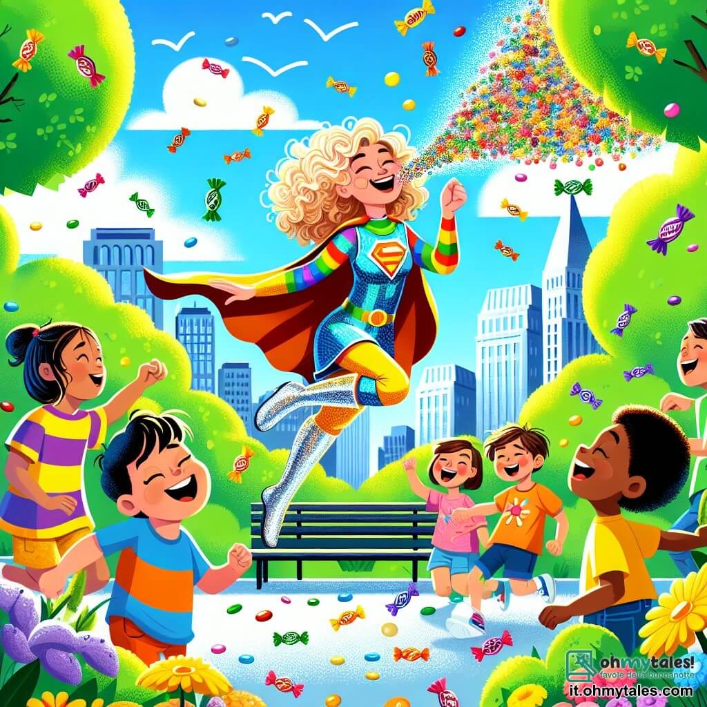 Illustrazione che rappresenta una scena colorata in un parco soleggiato di Buffalopolis, pieno di alberi verdi e fiori brillanti. Al centro, una giovane donna dai capelli ricci e lucenti, vestita con un costume da supereroina dai colori vivaci, con un mantello svolazzante e stivali scintillanti, sta volando in aria, con un grande sorriso sul volto. È circondata da una pioggia di caramelle colorate che cadono dal cielo, creando un'atmosfera gioiosa e festosa. Ai suoi piedi, un gruppo di bambini di circa 6-10 anni, con volti meravigliati, corre per catturare le dolci sorprese che cadono. Tra di loro, un ragazzo biondo e una ragazza bruna, entrambi con t-shirt colorate, ridono e si divertono a raccogliere le caramelle. La scena principale mostra la supereroina che, dopo aver involontariamente provocato una pioggia di dolci starnutendo, porta gioia e meraviglia ai bambini del parco. Elementi grafici aggiuntivi includono nuvole soffici nel cielo blu, uccelli che volano intorno e palloncini colorati che fluttuano nell'aria, rafforzando l'atmosfera festosa e ludica della scena.