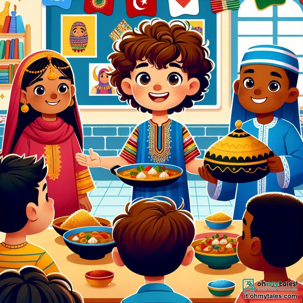 Une illustration sous forme de dessin destinée aux enfants représentant une salle de classe colorée et animée, où un garçon de 7 ans aux cheveux bouclés et à la peau claire, vêtu d'une chemise colorée, se tient avec un grand sourire en présentant un plat de curry à ses camarades, tandis qu'une fille aux cheveux longs et bruns, portant un costume traditionnel marocain, et un garçon aux cheveux courts et à la peau foncée, vêtu d'une t-shirt bleu, l'écoutent attentivement, tous entourés de décorations multiculturelles et de plats typiques de différentes cultures, illustrant la célébration de la diversité et de l'amitié.