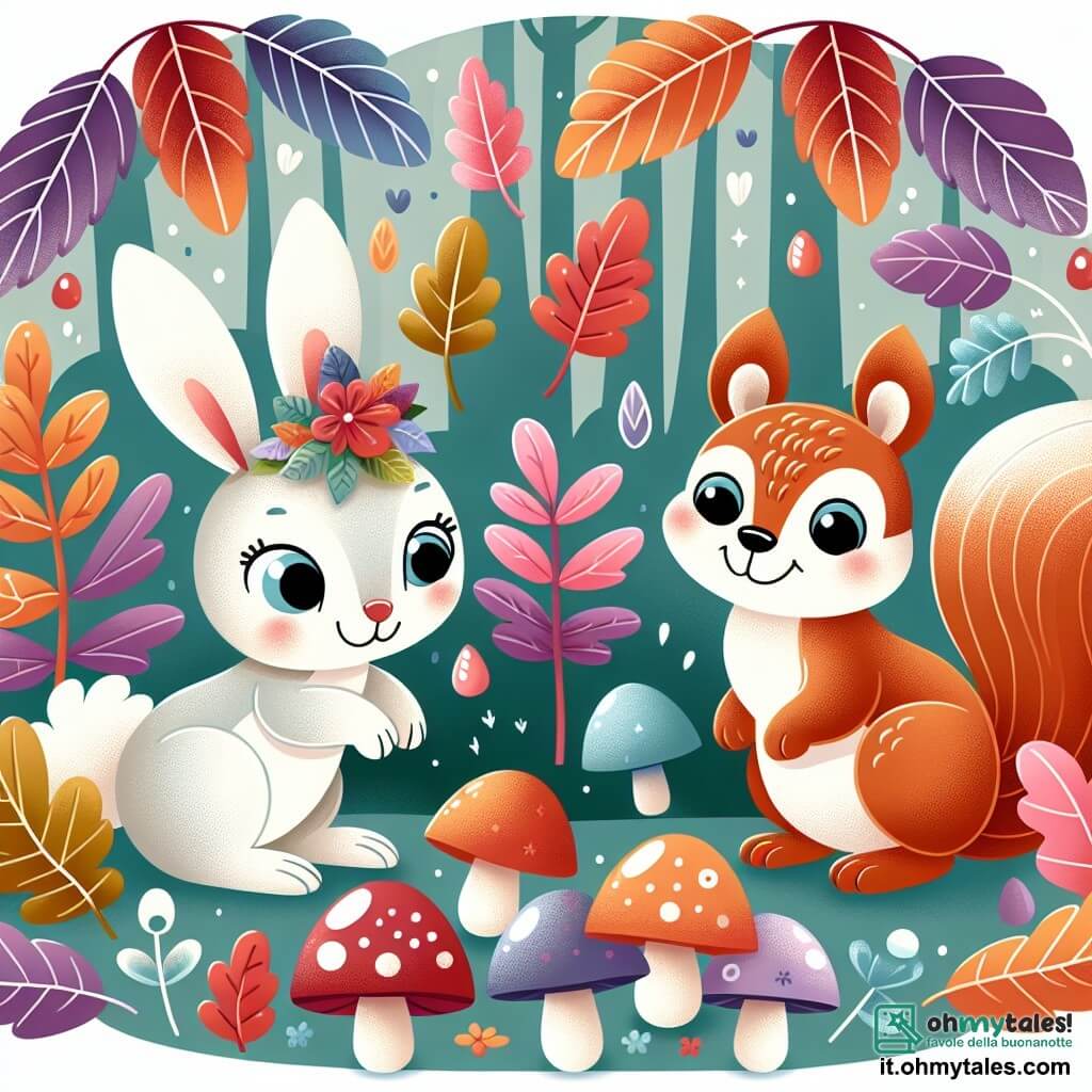 Une illustration destinée aux enfants représentant un lapin espiègle, un écureuil curieux, dans une forêt enchantée aux arbres aux feuilles multicolores et aux champignons brillants.