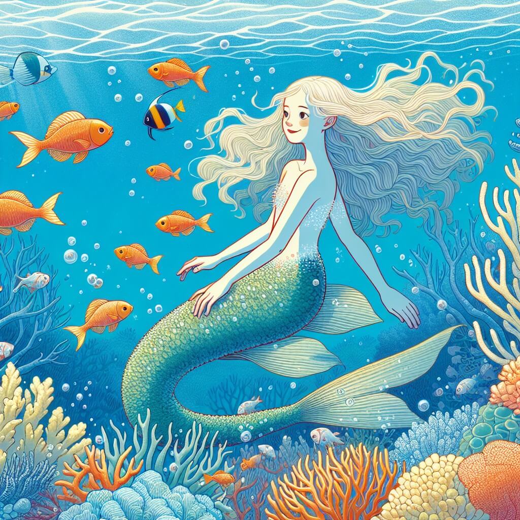 Une illustration destinée aux enfants représentant une sirène, nageant gracieusement parmi les coraux chatoyants d'un récif coloré, accompagnée d'un petit poisson curieux, dans les eaux cristallines d'un océan enchanté.