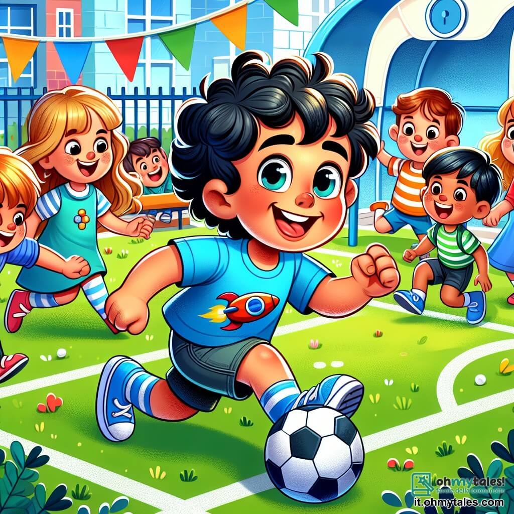 Une illustration sous forme de dessin destinée aux enfants représentant une cour d'école colorée et animée, où un garçon de 7 ans aux cheveux noirs et bouclés, portant une t-shirt bleu avec un grand razzo, sourit joyeusement en jouant au football avec ses amis, dont une fille aux cheveux blonds et ondulés qui applaudit et un garçon aux cheveux bruns qui court pour marquer un but, capturant l'excitation et l'amitié d'une journée de rentrée scolaire pleine de découvertes et de rires.