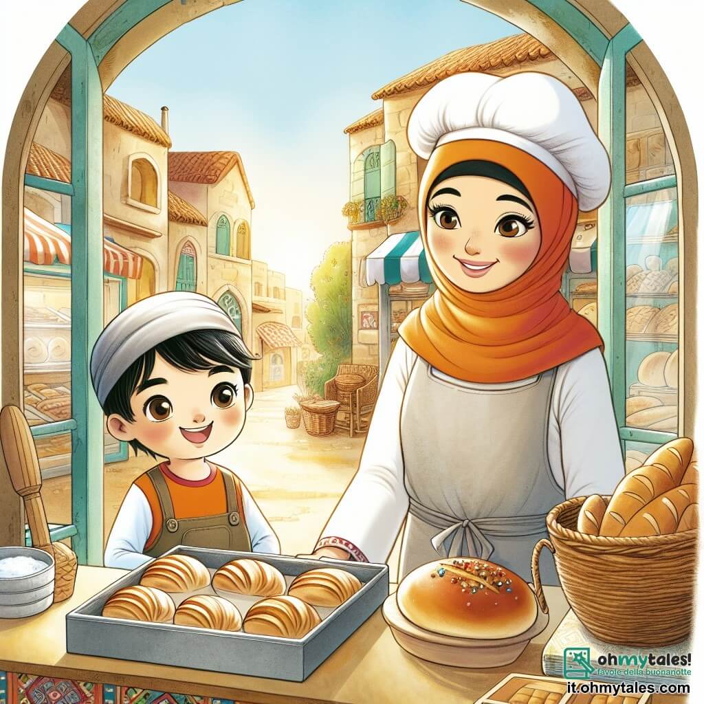 Une illustration destinée aux enfants représentant un boulanger chaleureux et souriant, accompagné d'un jeune garçon curieux, travaillant ensemble dans une petite boulangerie pittoresque de la charmante ville de Campagnola, où le parfum envoûtant du pain fraîchement cuit flotte dans l'air.
