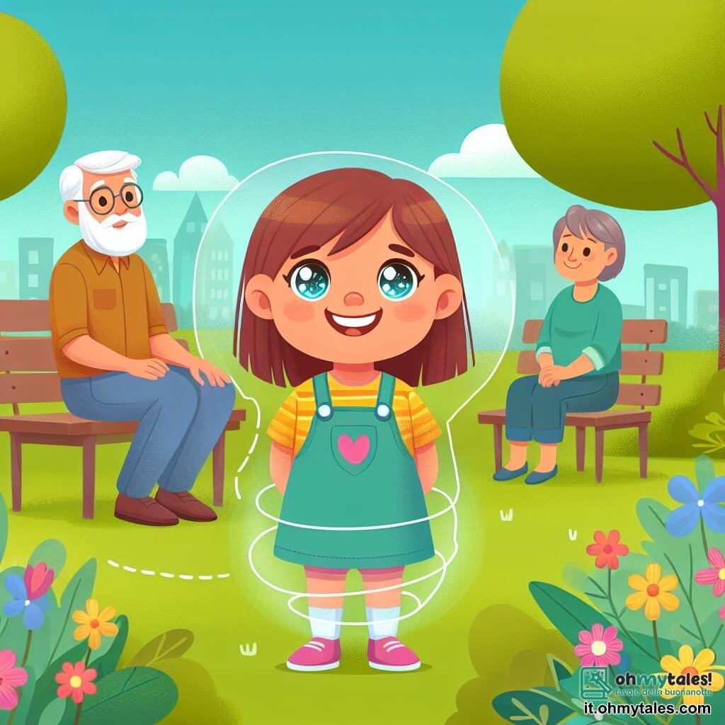 Une illustration destinée aux enfants représentant une fillette aux yeux brillants et au sourire contagieux, vivant une situation de séparation de ses parents, accompagnée par son père, assis sur une panchina dans un parc coloré et fleuri.