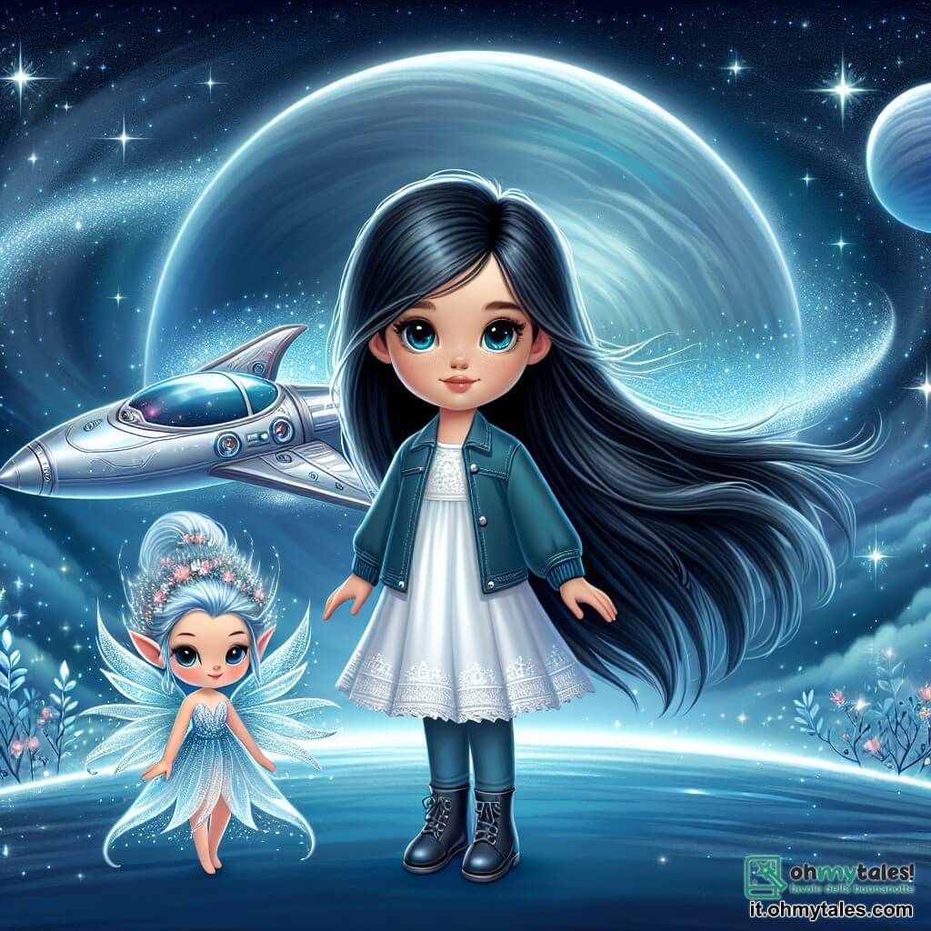 Une illustration destinée aux enfants représentant une jeune fille aux longs cheveux noirs, se tenant devant une navicella spaziale brillante, accompagnée d'un folletto magico aux ailes d'argent, sur le planète Lumina avec un ciel d'un bleu intense et des étoiles scintillantes.