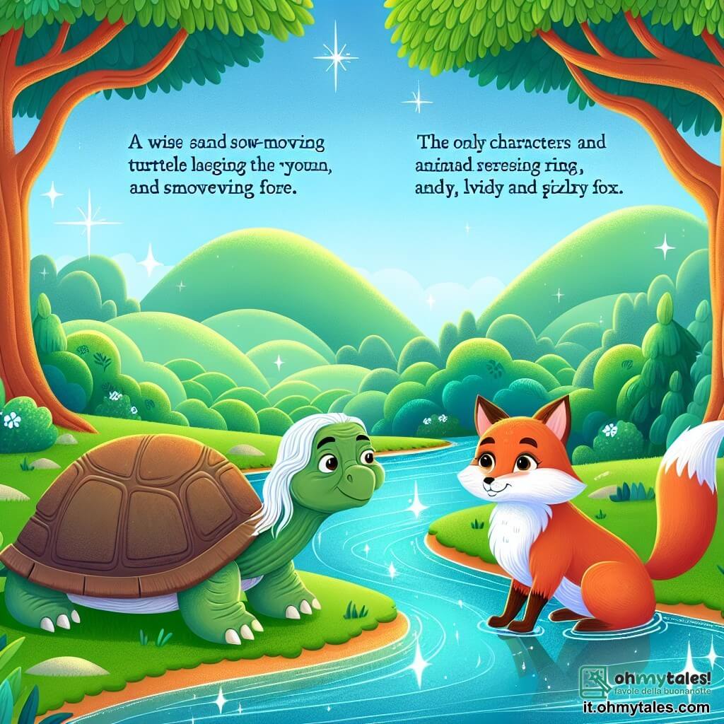 Une illustration destinée aux enfants représentant une tortue sage et lente, une jeune renarde vive et curieuse, dans un bosquet enchanteur aux collines verdoyantes et aux rivières scintillantes.